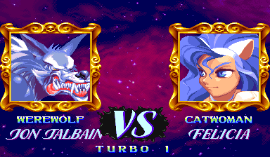 Darkstalkers: The Night Warriors (Arcade) screenshot: Wolfman VS Catwoman. Natural enemies, I suppose.