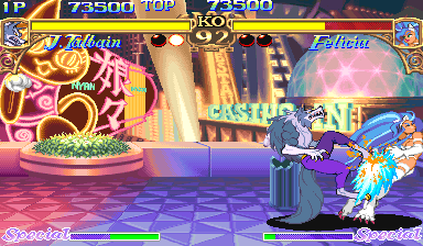 Darkstalkers: The Night Warriors (Arcade) screenshot: As shown here, Jon Talbain probably went to Guile's school of special moves.