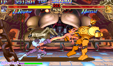 Darkstalkers: The Night Warriors (Arcade) screenshot: Lord Raptor hitting the first boss of the game, the robot Huitzil