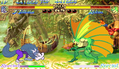 Darkstalkers: The Night Warriors (Arcade) screenshot: Blocking a sonic attack by Merman Rikuo.