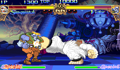 Darkstalkers: The Night Warriors (Arcade) screenshot: Of course, the Bigfoot character of the game has to have an attack involving exactly that.