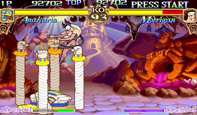 Darkstalkers: The Night Warriors (Arcade) screenshot: More weirdness from Anakaris, as he defends against succubus Morrigan coming from above
