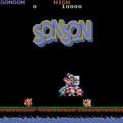 SonSon (Arcade) screenshot: Friends are kidnapped.