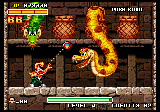 Spinmaster (Arcade) screenshot: End of stage bosses.