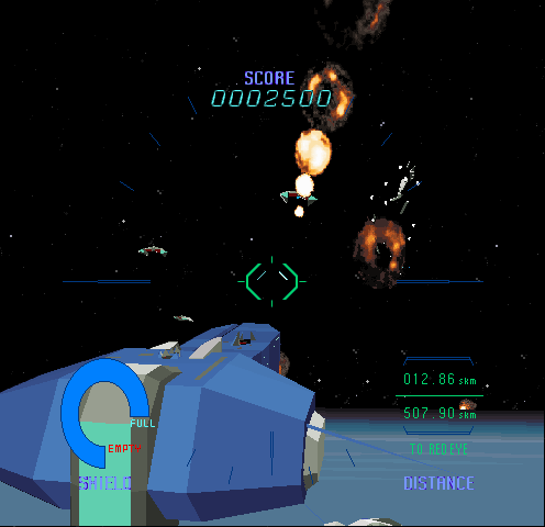Starblade (Arcade) screenshot: Blasting the enemy.