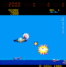 SubRoc 3-D (Arcade) screenshot: A missile fired back.