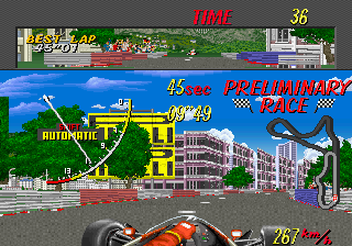 Super Monaco GP (Arcade) screenshot: Taking a bend.