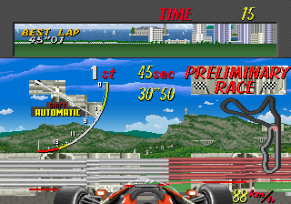 Super Monaco GP (Arcade) screenshot: Crashed.