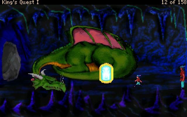 King's Quest: Quest for the Crown (Windows) screenshot: "Rock-a-bye Dragon on the cave floor...don't make a sound or dat dang beast will roar"