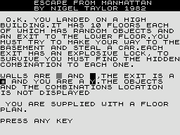 Escape From Manhattan (ZX81) screenshot: Introduction to adventure part