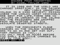 Escape From Manhattan (ZX81) screenshot: Instructions, pt 1