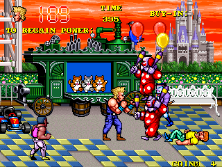 The Combatribes (Arcade) screenshot: Floating clowns.