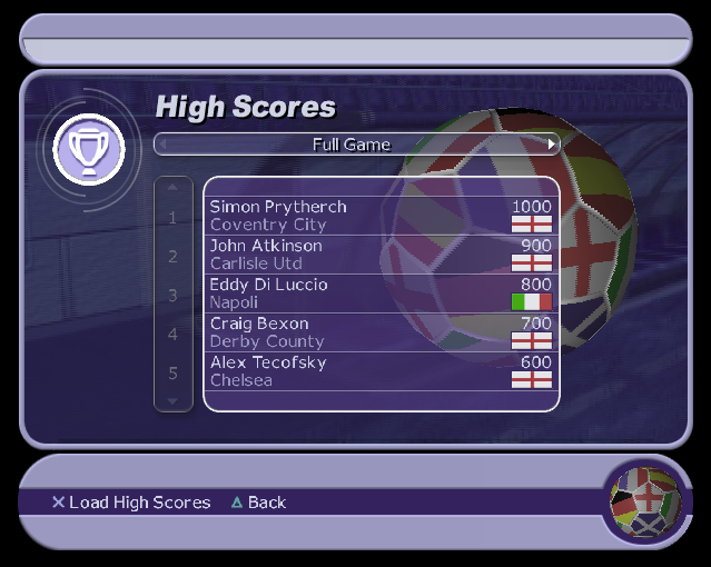 LMA Manager 2002 (PlayStation 2) screenshot: The View High Scores option holds records for the full season and the eight other challenges