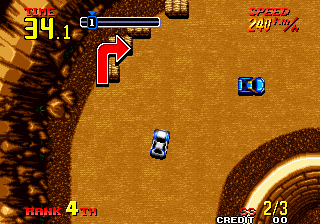 Thrash Rally (Arcade) screenshot: Bend warning.