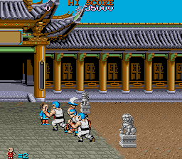 Tiger Road (Arcade) screenshot: Your friends are attacked.