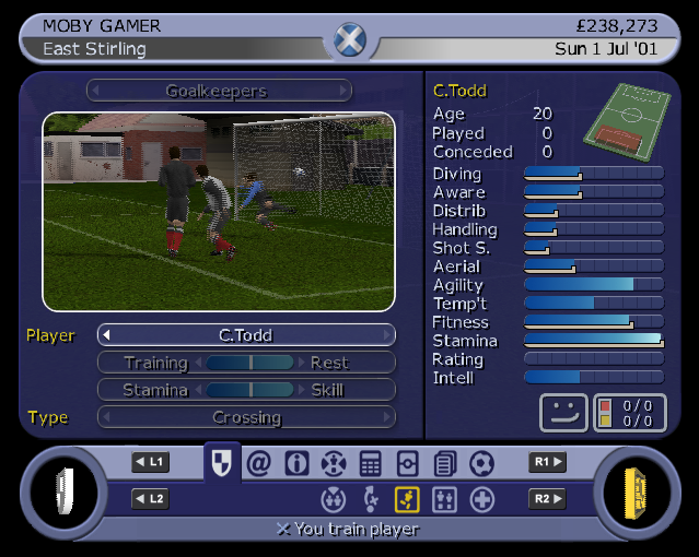 LMA Manager 2002 (PlayStation 2) screenshot: There are controls to customise individual player's training, shown here. There are similar controls to develop the youth team too
