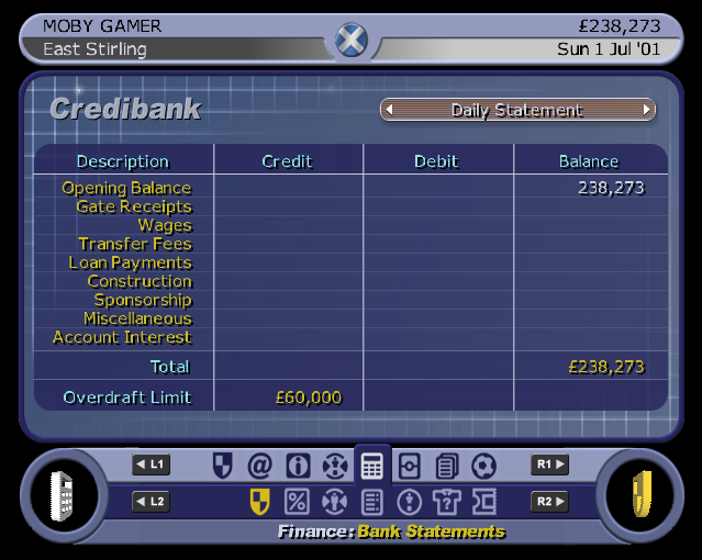 LMA Manager 2002 (PlayStation 2) screenshot: Lots and lots of menus to work through. L1/R1 scroll through the categories, here Finance is selected, while L2/R2 scroll through the sub categories or in this case the different reports