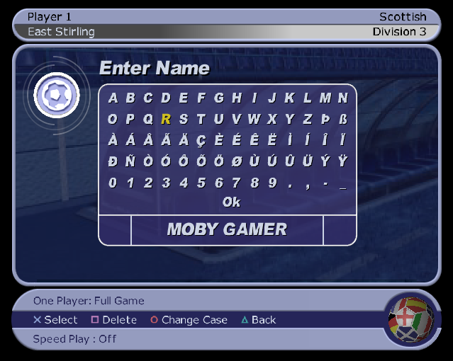 LMA Manager 2002 (PlayStation 2) screenshot: Players must enter their name and the gale allows for a decent length