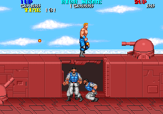 Thunder Fox (Arcade) screenshot: Gun turrets and more soldiers to destroy.