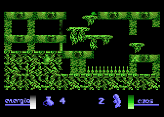 Alchemia (Atari 8-bit) screenshot: Giant hole of spikes