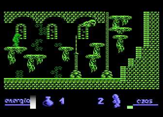Alchemia (Atari 8-bit) screenshot: Oversized bird supported by a long spike