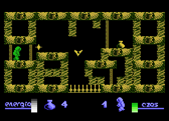 Alchemia (Atari 8-bit) screenshot: Stars, bird and the spikes on the road to the first amphora