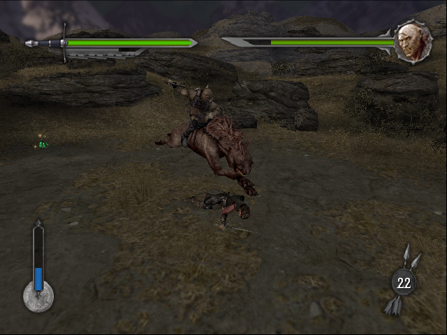 The Lord of the Rings: The Two Towers (PlayStation 2) screenshot: Being trampled by the warg rider Sharku