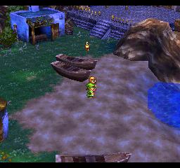 Dragon Warrior VII (PlayStation) screenshot: The starting town on the only island the world initially consists of. You can rotate the camera to the sides