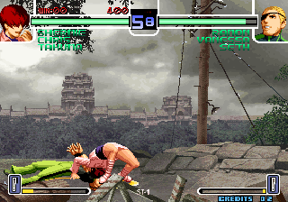 The King of Fighters 2002: Challenge to Ultimate Battle (Arcade) screenshot: Shermie has great athletic abilities - Ramon has no chance