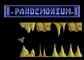 Pandemonium (Atari 8-bit) screenshot: Cave entry, the player must avoid touching the obstacles with any part of the bird