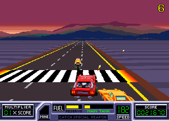 RoadBlasters (Arcade) screenshot: Biker's about to get it