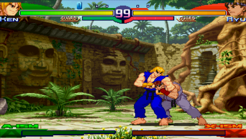Street Fighter Alpha 3 Max (PSP) screenshot: Ken vs Ryu -- horsing around before the round's start