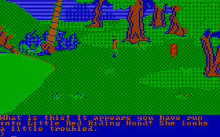 King's Quest II: Romancing the Throne (PC Booter) screenshot: Little Red Riding Hood is here (CGA with RGB monitor)