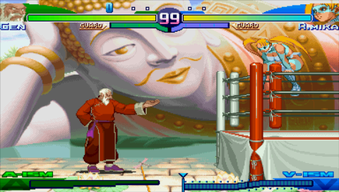 Street Fighter Alpha 3 Max (PSP) screenshot: Gen vs Mika -- Mika's entrance