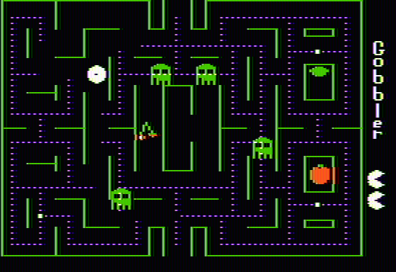 Gobbler (Apple II) screenshot: Eating a large dot and the ghosts turn green