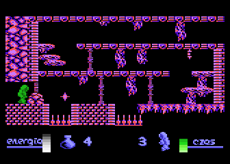 Alchemia (Atari 8-bit) screenshot: Stars make the jumps over the spike holes difficult