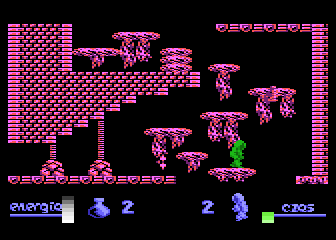 Alchemia (Atari 8-bit) screenshot: Oversized bird guarding platforms