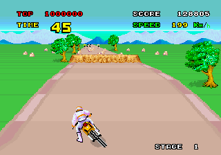 Enduro Racer (Arcade) screenshot: Approaching a jump.