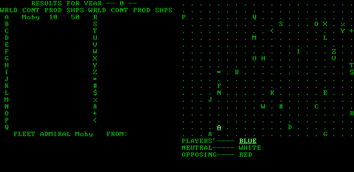 Galaxy (DOS) screenshot: Mono mode displays more information at a time; OTOH, "red" just blinks. (Monochrome)