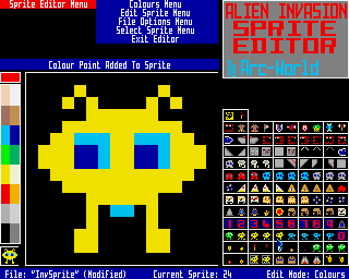 Alien Invasion (Acorn 32-bit) screenshot: Sprite editor