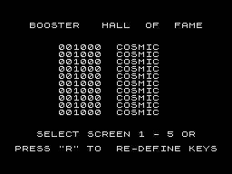 Booster (ZX81) screenshot: High scores / level selection
