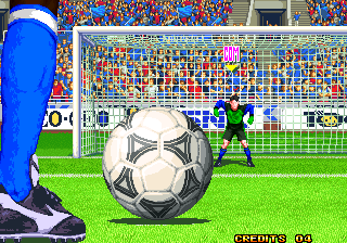 Neo Geo Cup '98: The Road to the Victory (Arcade) screenshot: penalty kick perspective