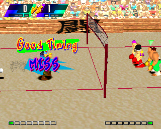 V-Ball: Beach Volley Heroes (PlayStation) screenshot: Soldiers vs Fighters. The timing was good but I still missed the ball, my bad.