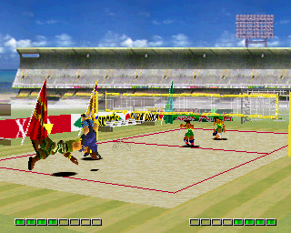 V-Ball: Beach Volley Heroes (PlayStation) screenshot: Here you can see part of the stadium. And I'm going for a dig.