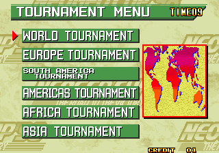 Neo Geo Cup '98: The Road to the Victory (Arcade) screenshot: Tournament menu