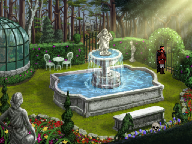 Quest for Infamy (Windows) screenshot: If you reunite the crest pieces before going to the graveyard, a vision of the garden as it was before will appear while going through this section.