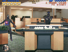 Lethal Enforcers (Arcade) screenshot: Shooting the masked robbers