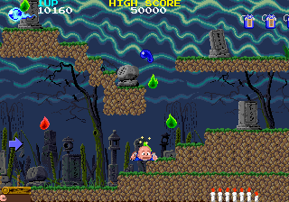 Bonze Adventure (Arcade) screenshot: Green slimes