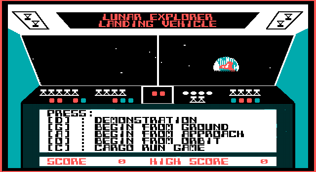 Lunar Explorer: A Space Flight Simulator (DOS) screenshot: Main menu (EGA)