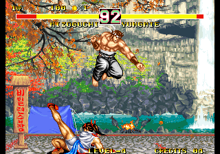 Fighter's History Dynamite (Arcade) screenshot: Missed her kick.